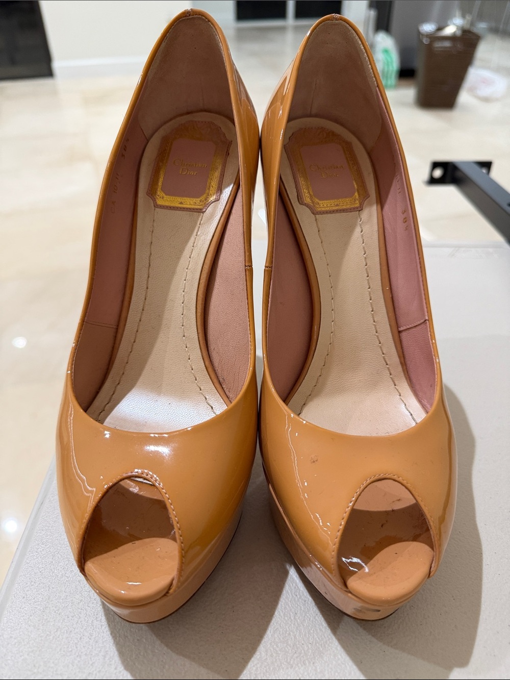 Dior Patent Leather Peep-Toe Platform Pumps in Caramel
